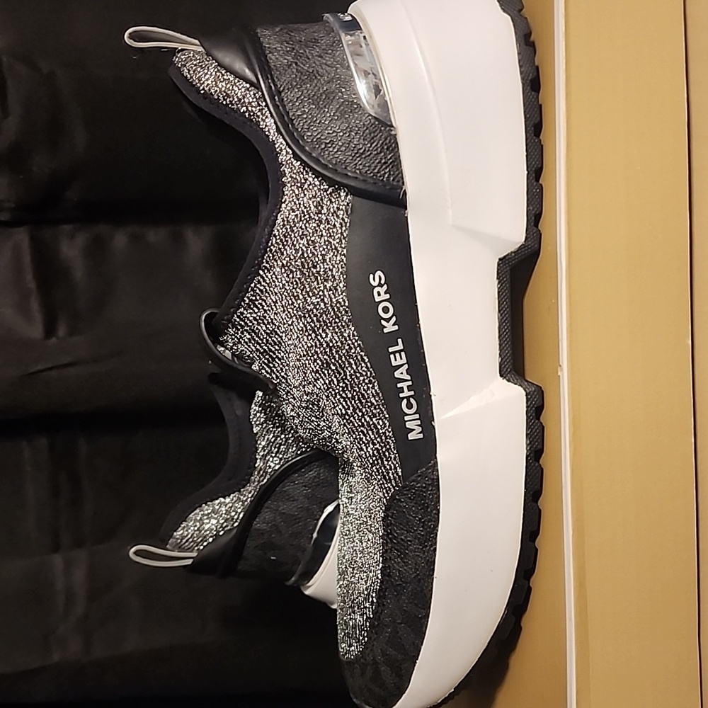 Metallic Silver And Black Micheal Kors Slip Ons Size 7